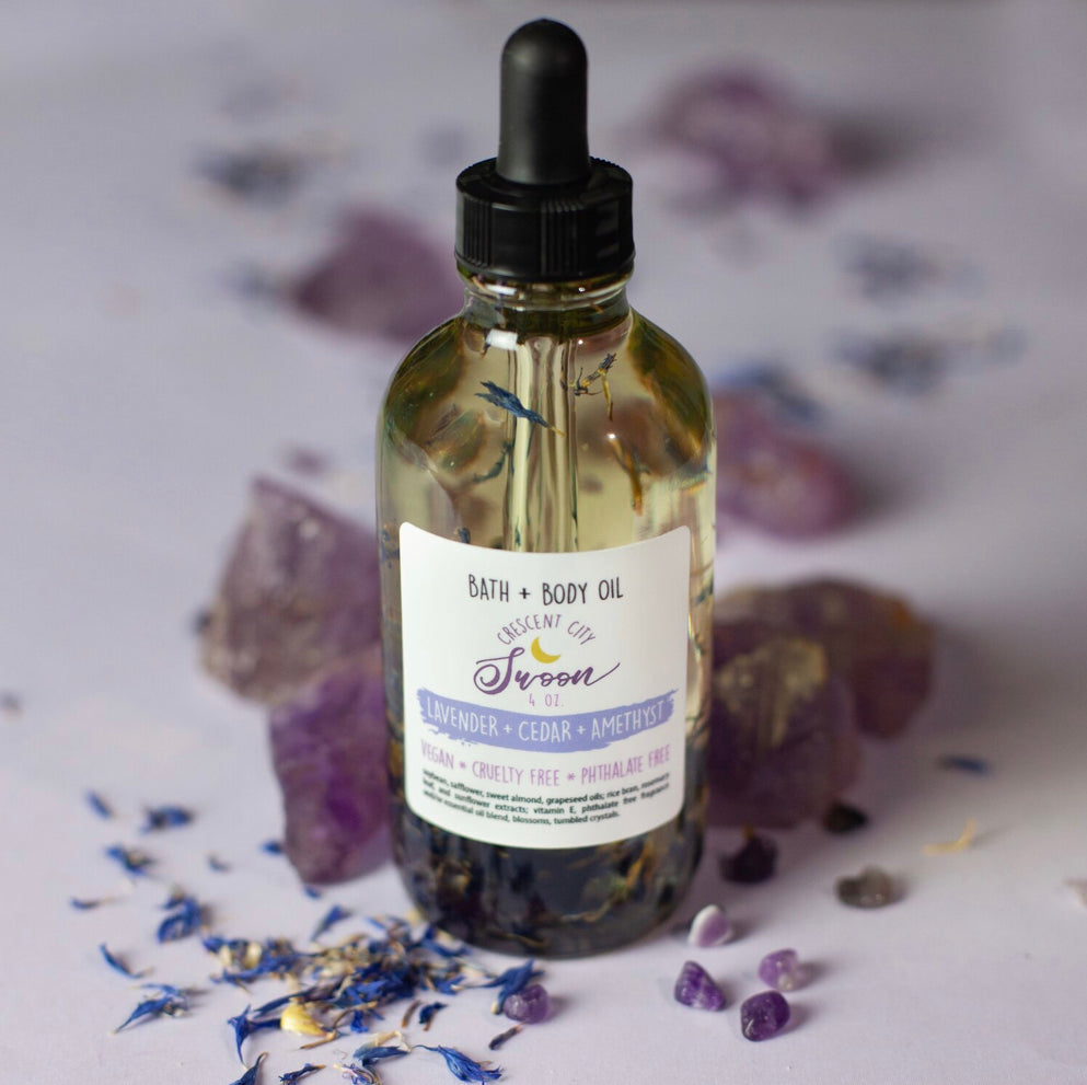 Crystal Infused Bath & Body Oil, Amethyst - Lavender & Cedar